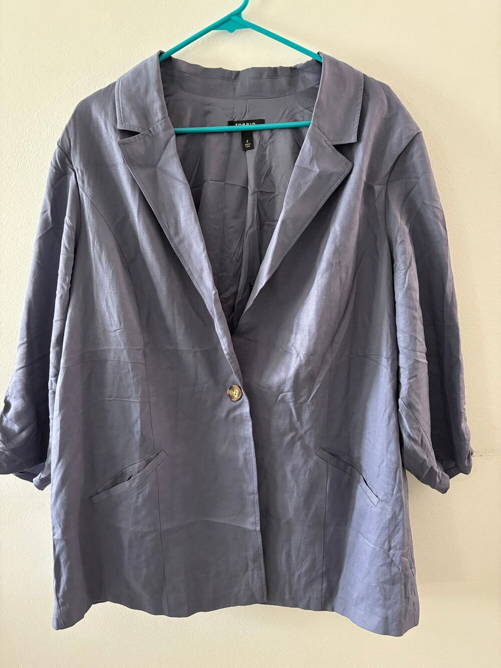 Torrid Womens Linen Blazer Size 4X Blue 3/4 Sleeves Office Preppy Academia